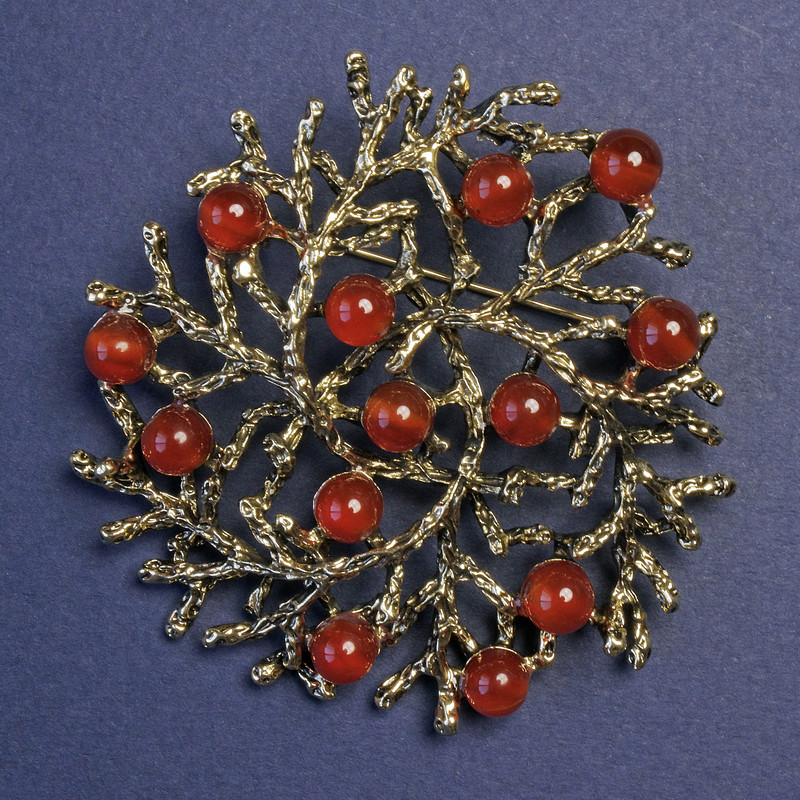 Brooch Pendant "Twigs" with Carnelian, Golden Metal 60mm+