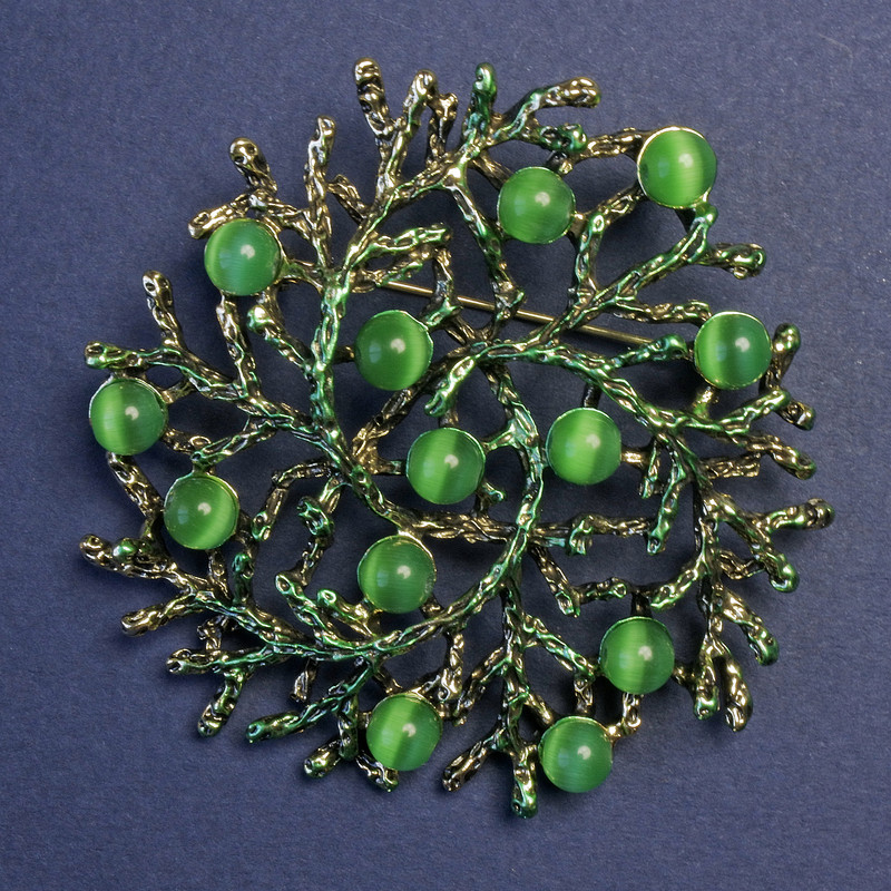 Twigs Pendant Brooch with Cat's Eye Stone, Enamel 60mm+