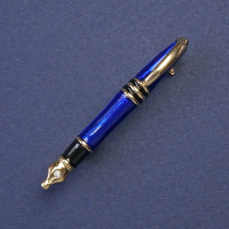 Brooch Pen with White Crystals Blue Enamel Gold-tone Metal 45x5 mm+