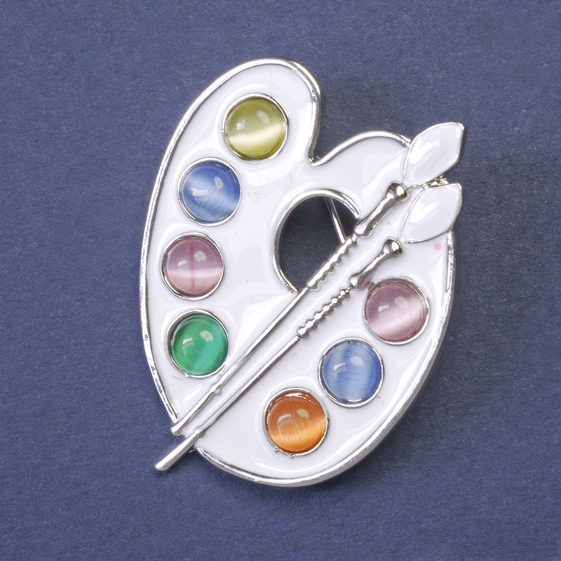 Palette Brooch, Multicoloured Enamel, Silver Metal 38x29mm+
