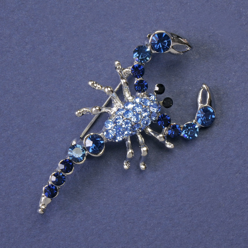 Scorpion Brooch, Light Blue and Blue Rhinestones, Silver Metal Colour, 47x25mm +