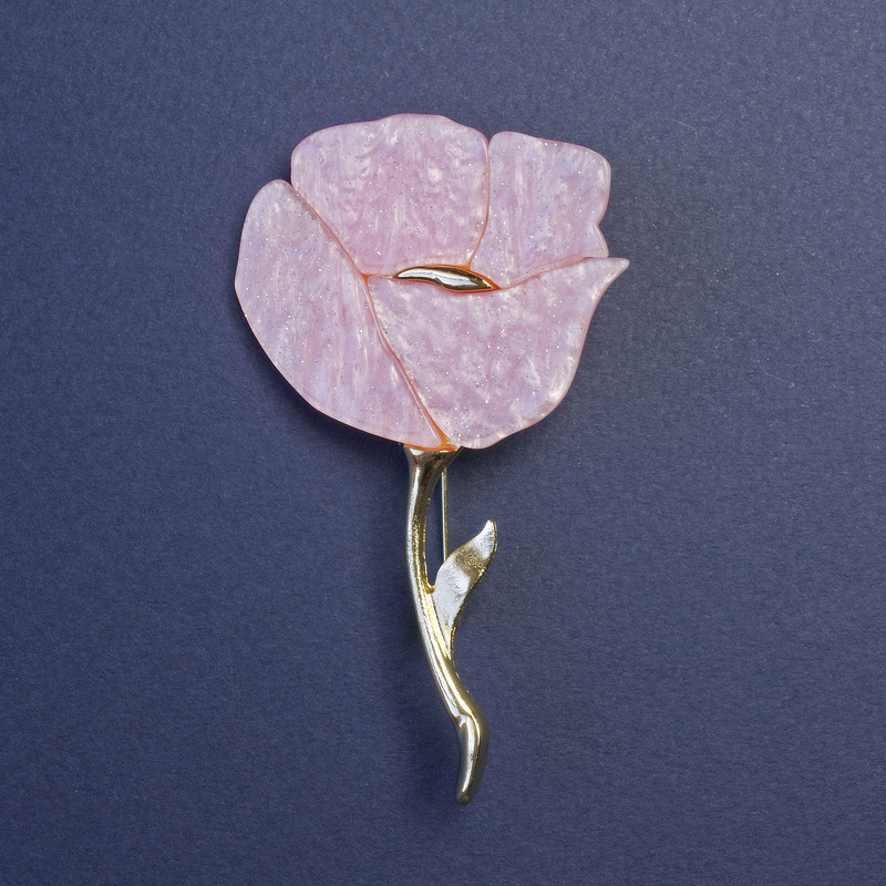 Brooch Pink Pearlescent Poppy with Glitter, Gold-Tone Metal, 76x46mm+