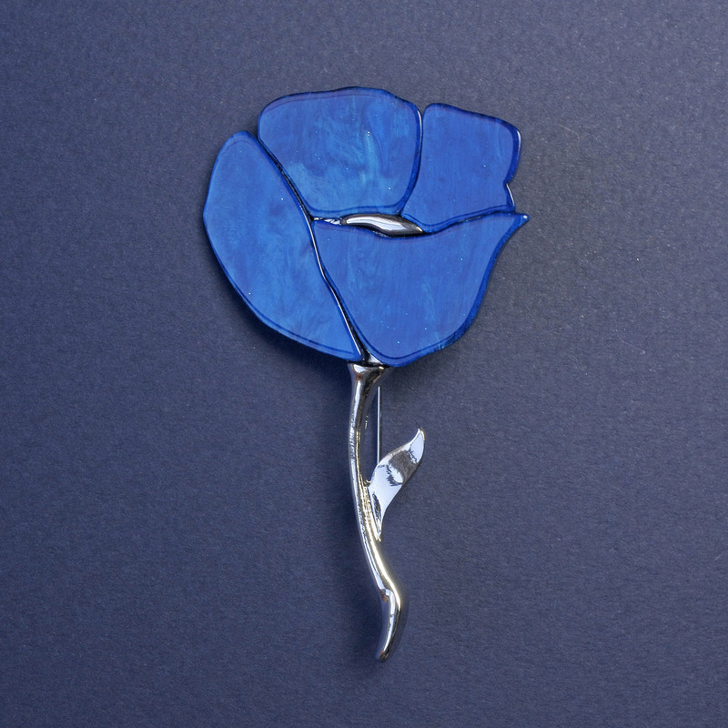 Brooch Blue Pearlescent Poppy with Sparkles, Silver-Tone Metal 76x46mm+