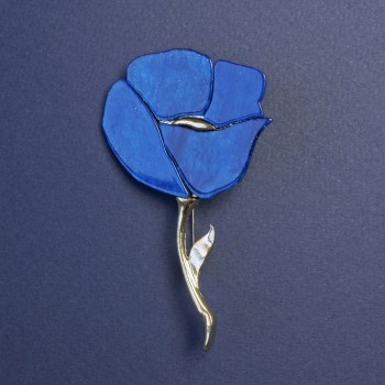 Brooch Blue Pearlescent Poppy with Sparkles, Gold-Tone Metal 76x46mm+