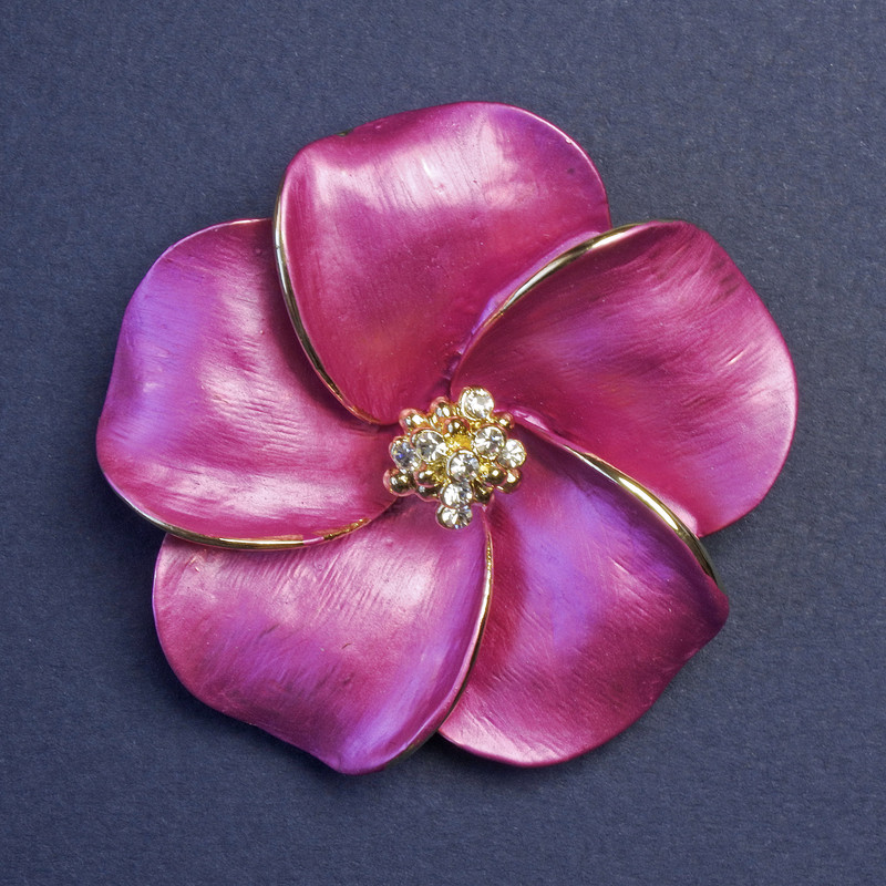 Brooch Flower with White Crystals 50x50mm+-, Pearlescent Pink Enamel, Gold-Tone Metal