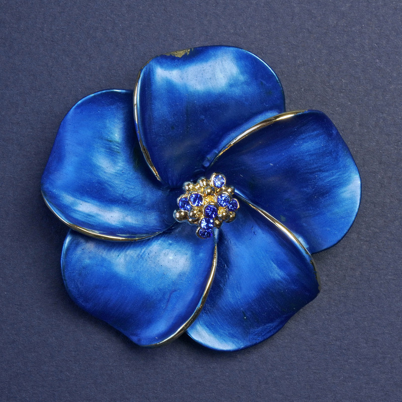 Brooch Flower with Blue Crystals 50x50mm+-, Pearlescent Blue Enamel, Gold-Tone Metal