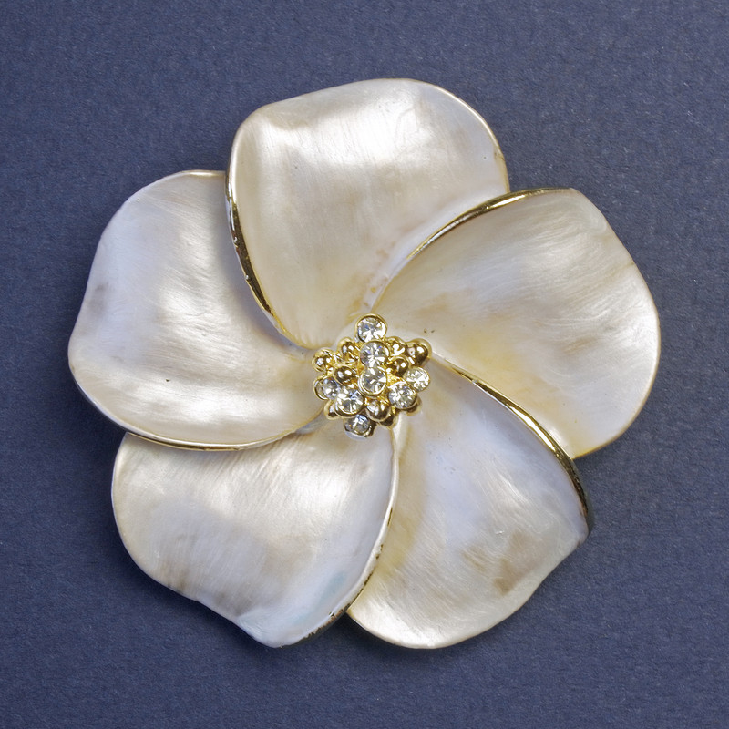 Flower Brooch with White Crystals 50x50mm+-, Pearlescent Enamel, Golden Metal