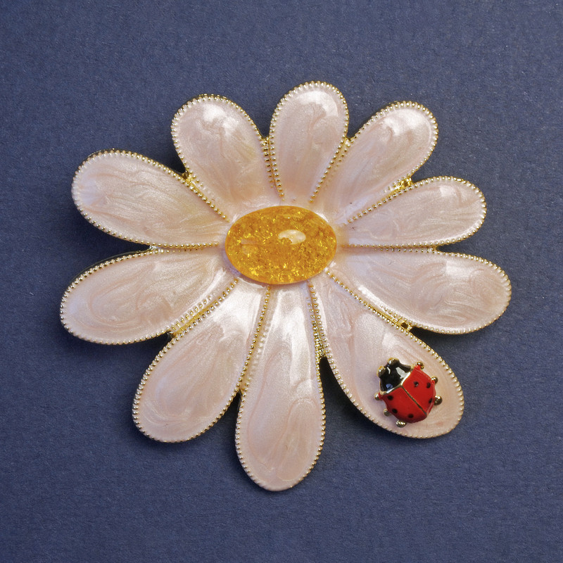 Flower Brooch with "Ladybird", 56x52mm +/-, Pink and Yellow Enamel, Gold-Tone Metal