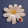 Flower Brooch with "Ladybird", 56x52mm +/-, Pink and Yellow Enamel, Gold-Tone Metal