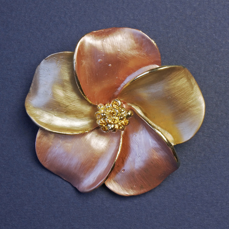 Flower Brooch with Yellow Crystals, 50x50mm +/-, Pearl Enamel, Gold-Tone Metal