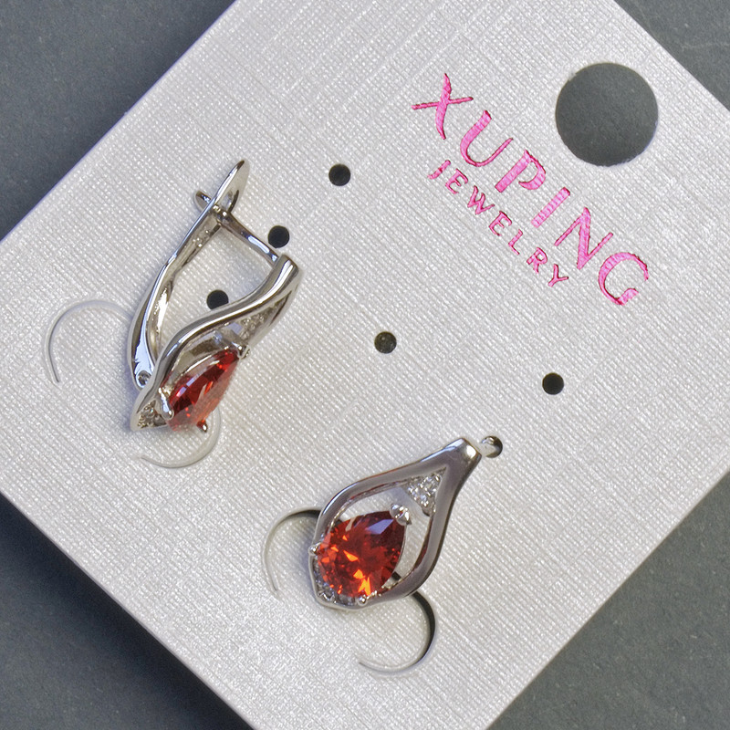 Xuping Earrings with Red Zircons, 16mm Length, 8mm Thickness, Rhodium