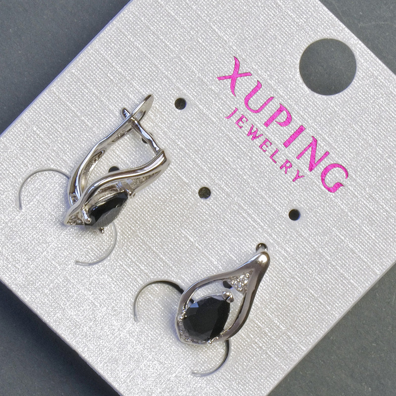 Xuping Earrings with Black Stones, 16x8mm, Rhodium