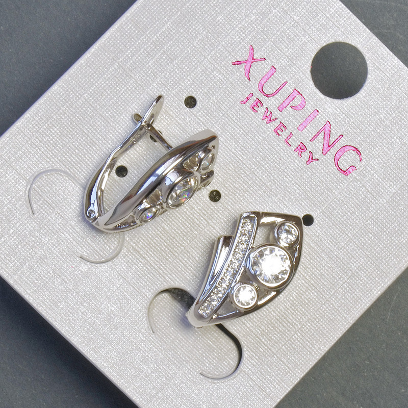 Xuping Earrings with White Zircons, 18mm Length, 10mm Thickness, Rhodium