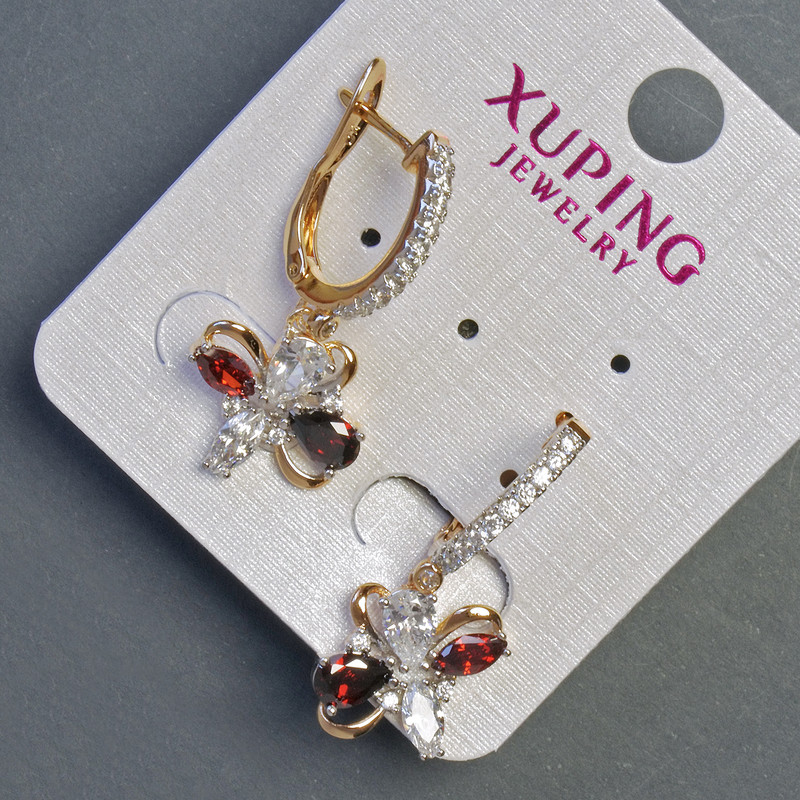 Xuping Earrings, 18K Gold Plating, Rhodium with Red Stone and White Rhinestones, 30x12mm