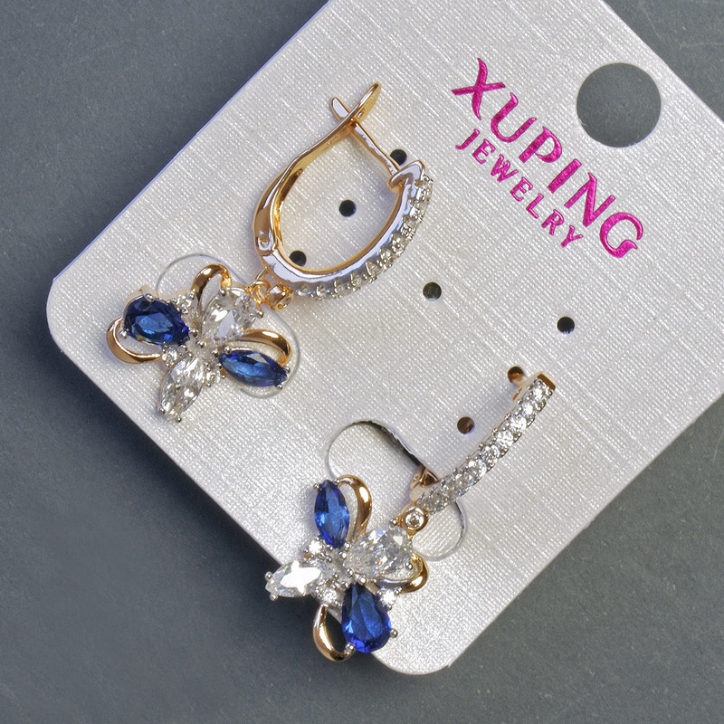 Xuping Earrings with Blue Stones 30x12mm, 18K Gold Plated
