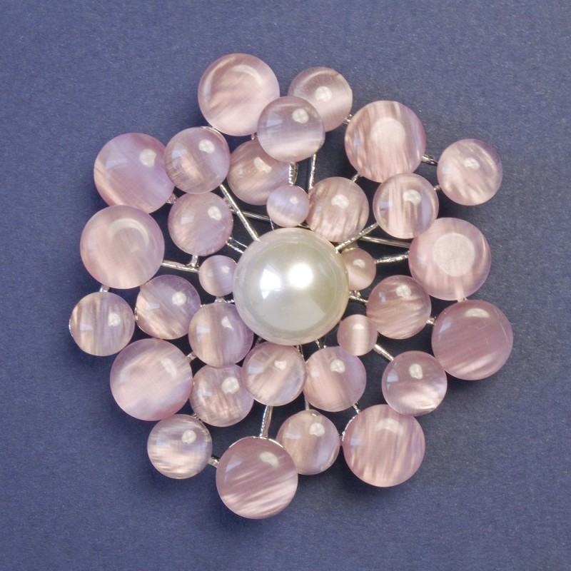 Brooch with Pink Cat's Eye Stone (synthetic) and Pearl (imitation) 55x55mm+/- silver-tone metal