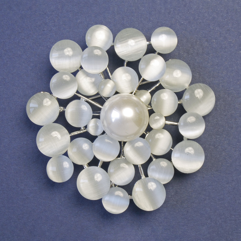 Brooch with Grey Cat's Eye Stone (synthetic) and Pearl (imitation) 55x55mm+/- silver-tone metal