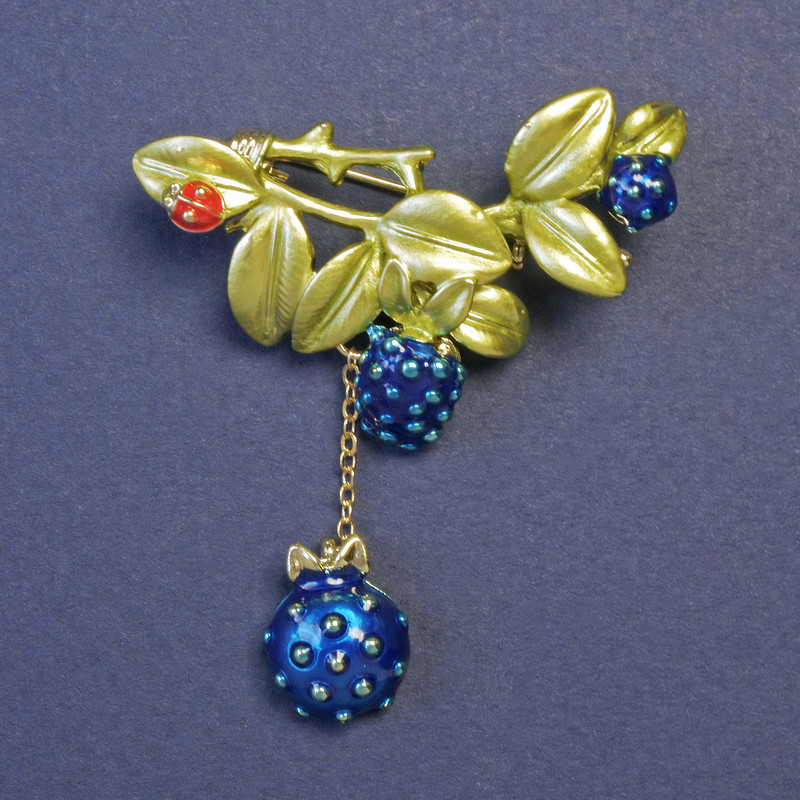Brooch with Pendant Blackberry, blue and green enamel, gold-tone metal 43x55mm+