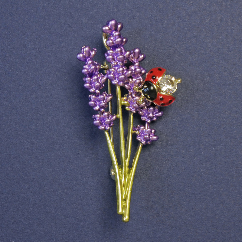Lavender Bouquet Pendant Brooch Lilac and Green Enamel 51x26mm+/- Gold-Tone Metal