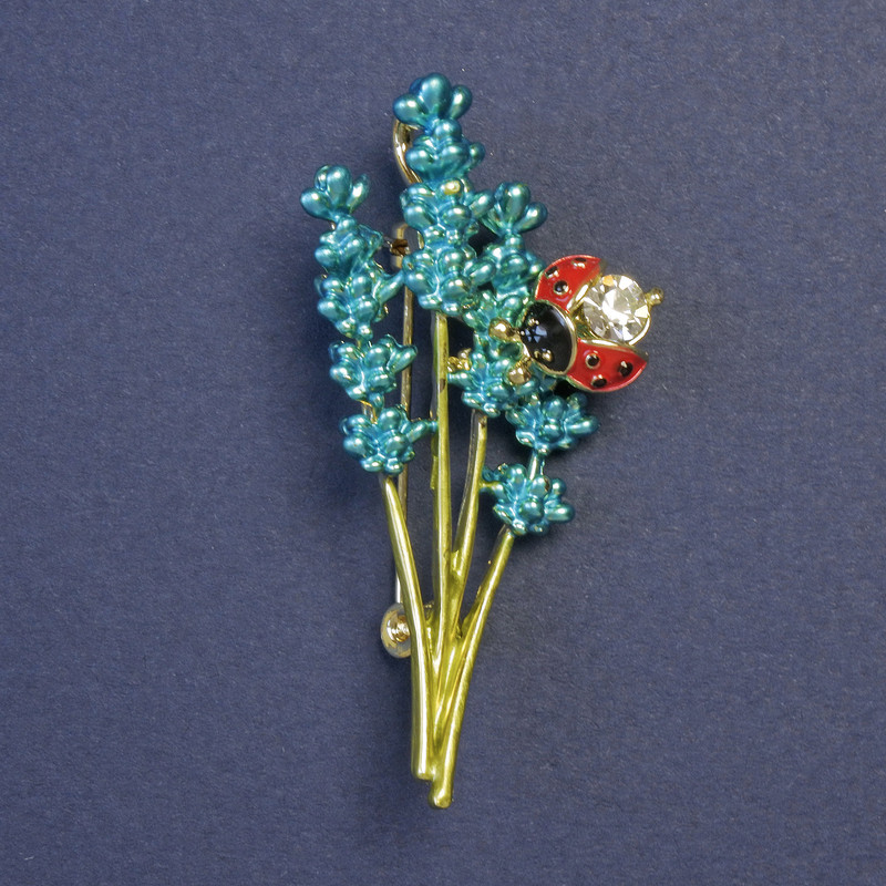Lavender Bouquet Pendant Brooch Turquoise and Green Enamel 51x26mm+/- Gold-Tone Metal
