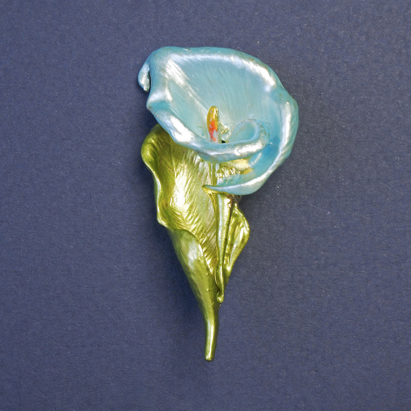 Calla Flower Brooch Turquoise 54x27mm+/- Green Enamel Gold-Tone Metal