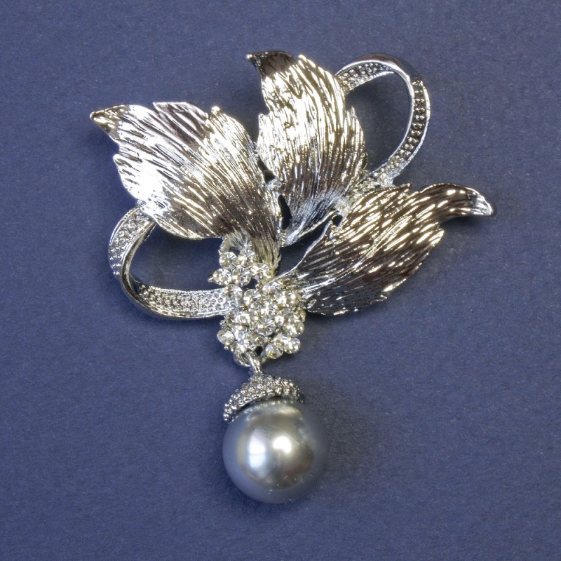 Boutonniere Brooch with Floating Grey Pearl 44x53mm+/- Enamel Silver-Tone Metal