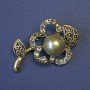Flower Brooch with Grey Pearl and Rhinestones 48x30mm+/- Gold-Tone Metal