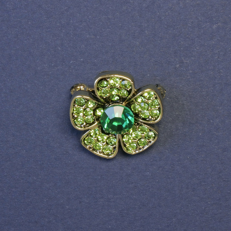 Flower Brooch with Green Rhinestones 20mm+/- Silver-Tone Metal