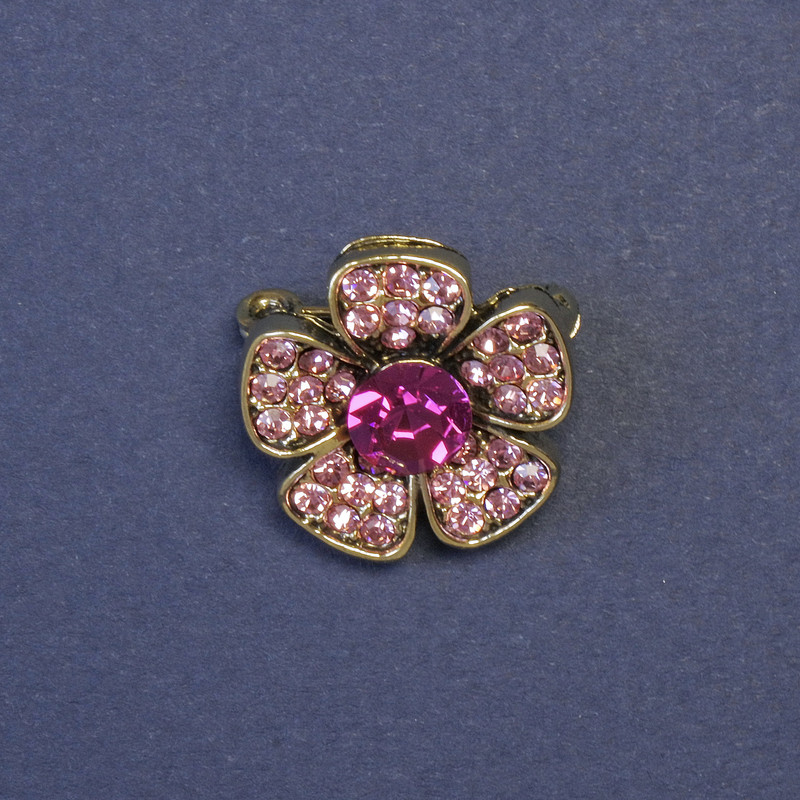 Flower Brooch with Pink Rhinestones, 20mm+/-, Silver-Tone Metal