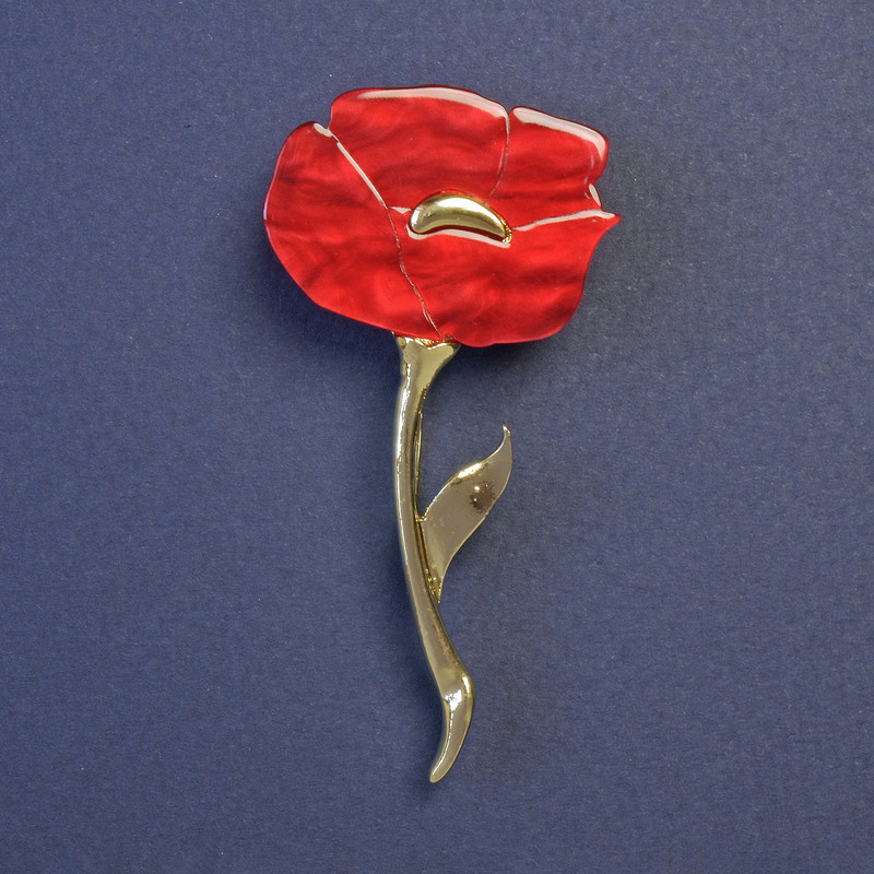 Red Poppy Flower Brooch, Pearlescent, 63x32mm+/-, Gold-Tone Metal