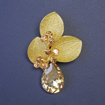 Boutonniere Brooch Pendant with Large Yellow Crystal and Champagne Rhinestones, 65x43mm+/-, Gold-Tone Metal