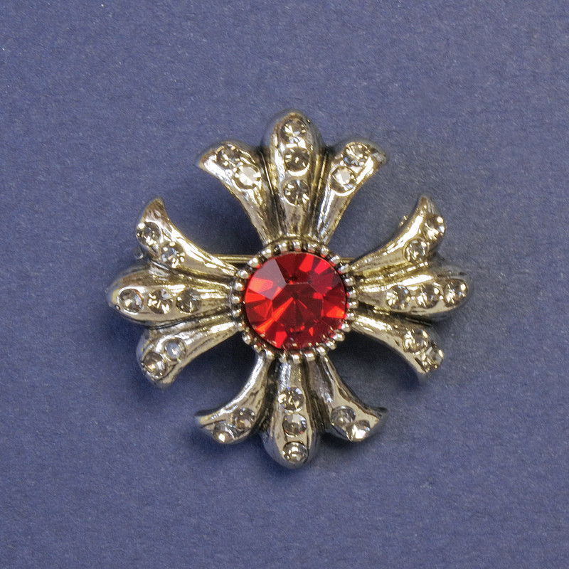 Accent Brooch Maltese Cross with Red Crystal 30x30mm+/- Silver-Tone Metal