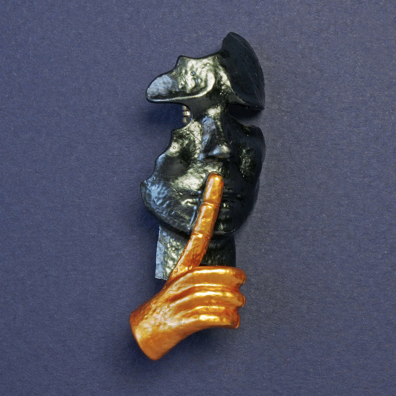 Mask Brooch, Dark Grey and Yellow Enamel, Gold-Tone Metal 52x20mm