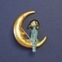 Brooch, Romantic Girl on the Moon, 40x32mm +/-, Blue Enamel, Gold-Tone Metal
