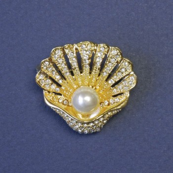 Seashell Brooch with White Pearl, Studded with Rhinestones 28x28mm+- Gold-Tone Metal