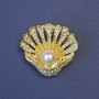 Seashell Brooch with White Pearl, Studded with Rhinestones 28x28mm+- Gold-Tone Metal