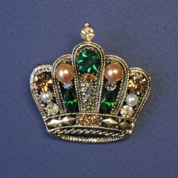 Crown Brooch, Green and Yellow Rhinestones and Pearls, 40x40mm +/-, Gold-Tone Metal