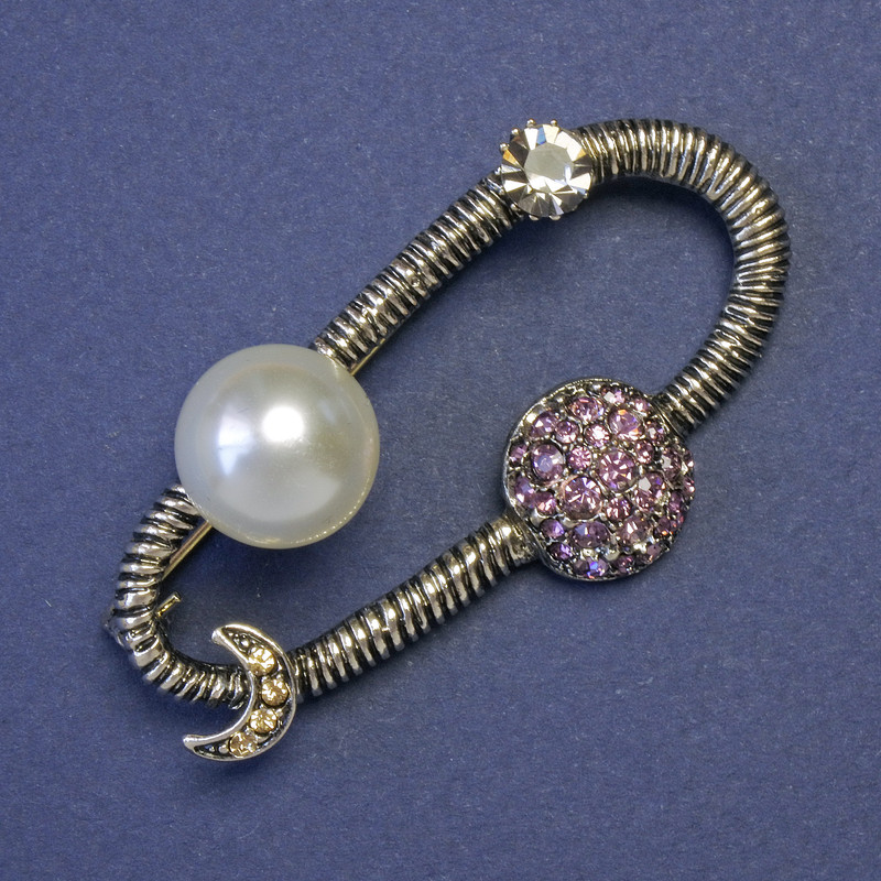 Orbit with Planets Brooch White Pearl (Faux) Pink Rhinestones 53x32mm+- Silver-Tone Metal