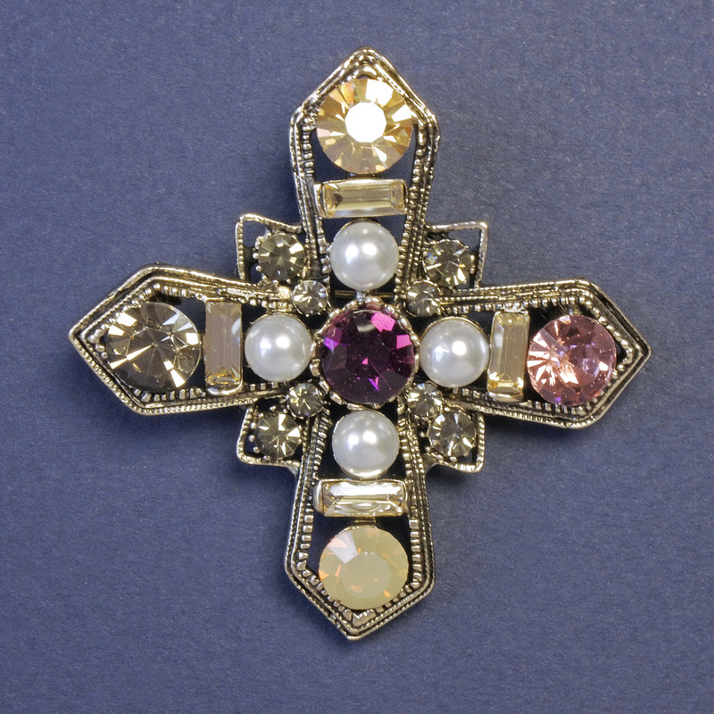 Maltese Cross Brooch, Studded with White Pearls and Multicoloured Rhinestones 52x52mm+- Silver-Tone Metal