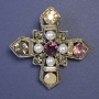Maltese Cross Brooch, Studded with White Pearls and Multicoloured Rhinestones 52x52mm+- Silver-Tone Metal