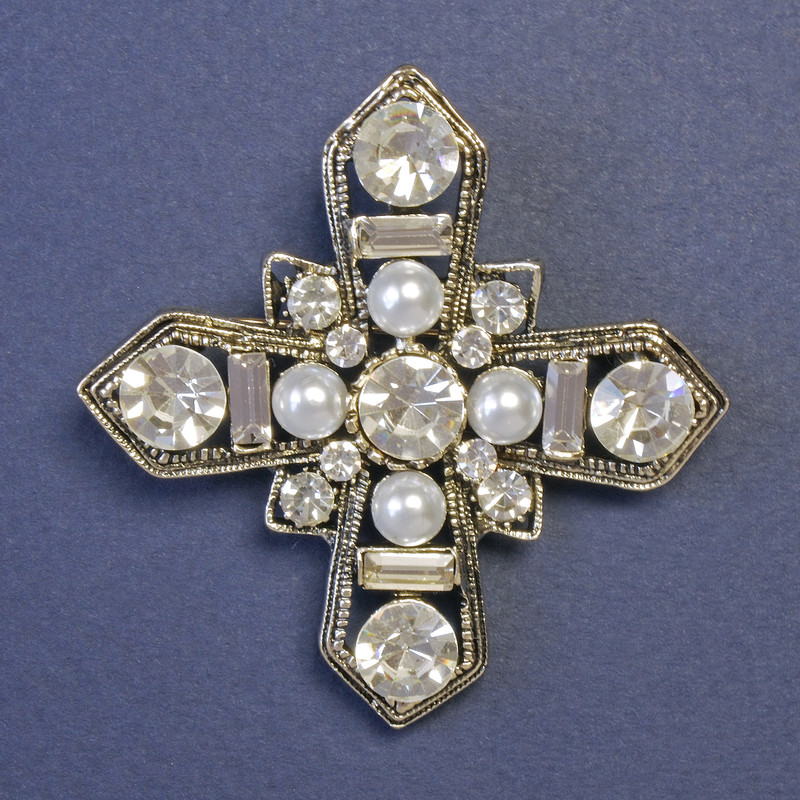 Maltese Cross Brooch, Studded with White Pearls and Rhinestones 52x52mm+- Silver-Tone Metal