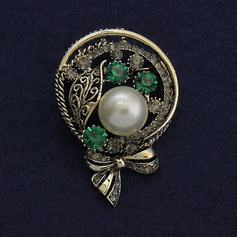 Boutonniere Brooch with White Pearl and Green Rhinestones 50x34mm+- Silver-Tone Metal