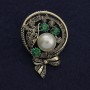 Boutonniere Brooch with White Pearl and Green Rhinestones 50x34mm+- Silver-Tone Metal