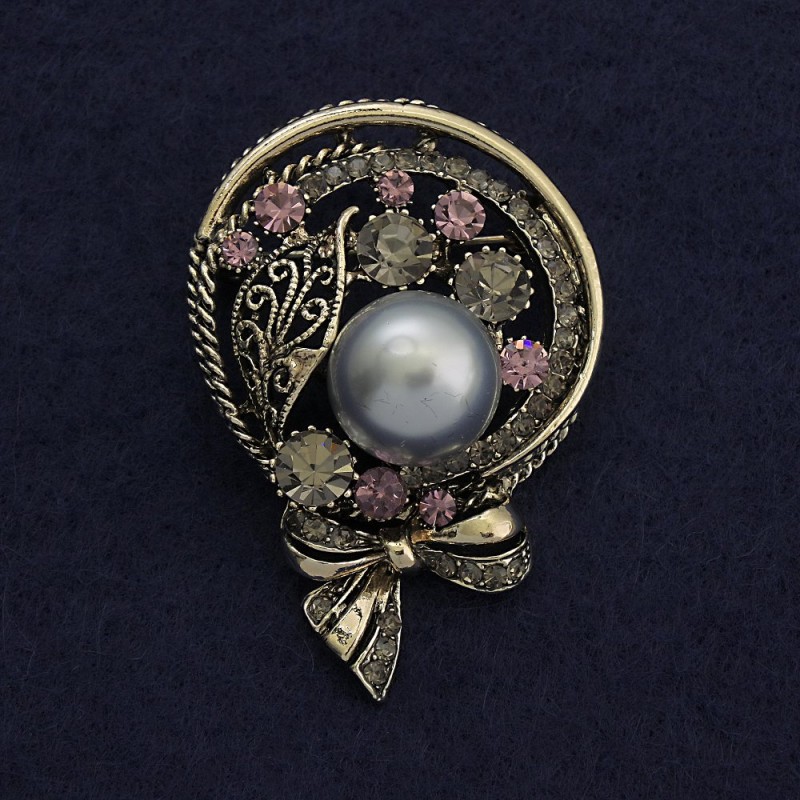 Boutonniere Brooch with Grey Pearl and Pink Rhinestones 50x34mm+- Silver-Tone Metal