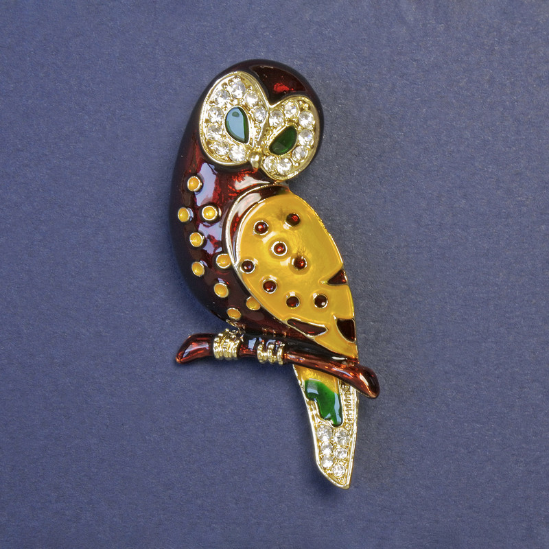 Owl Bird Brooch Brown and Yellow Enamel Gold-Tone Metal 55x28mm+