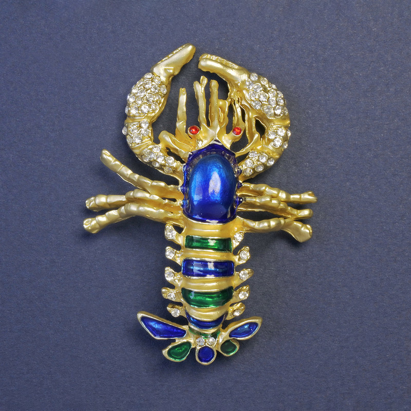 Lobster Brooch Blue and Green Enamel Gold-Tone Metal 58x43mm
