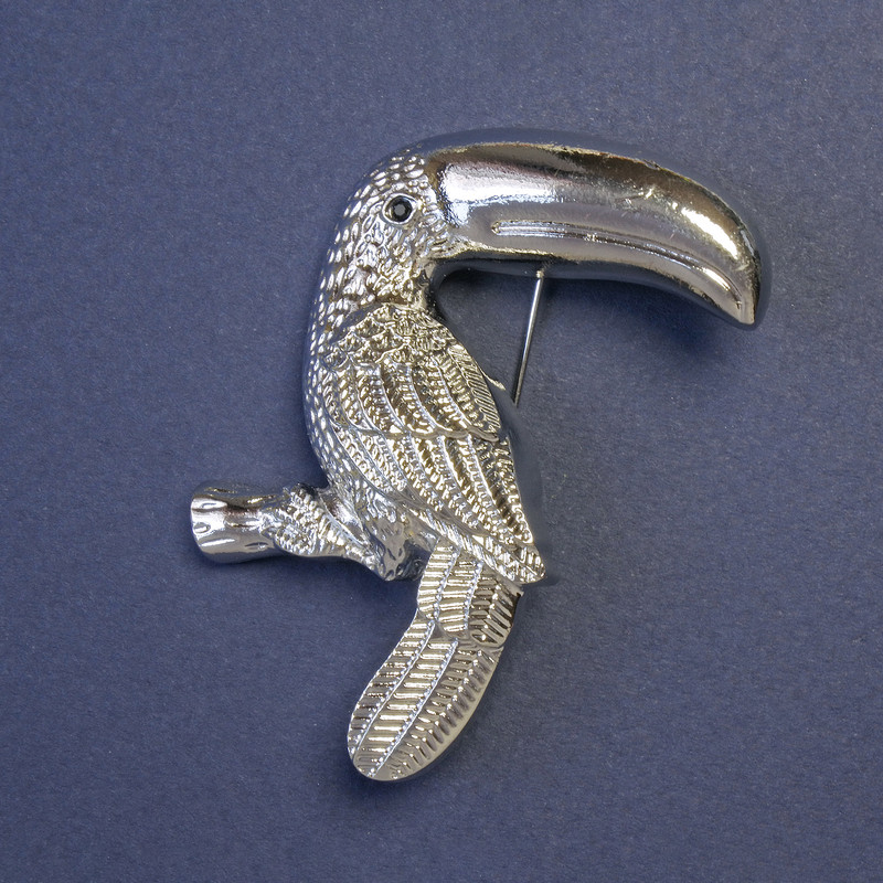 Toucan Bird Brooch-Pendant, Silver Metal, 62x40mm