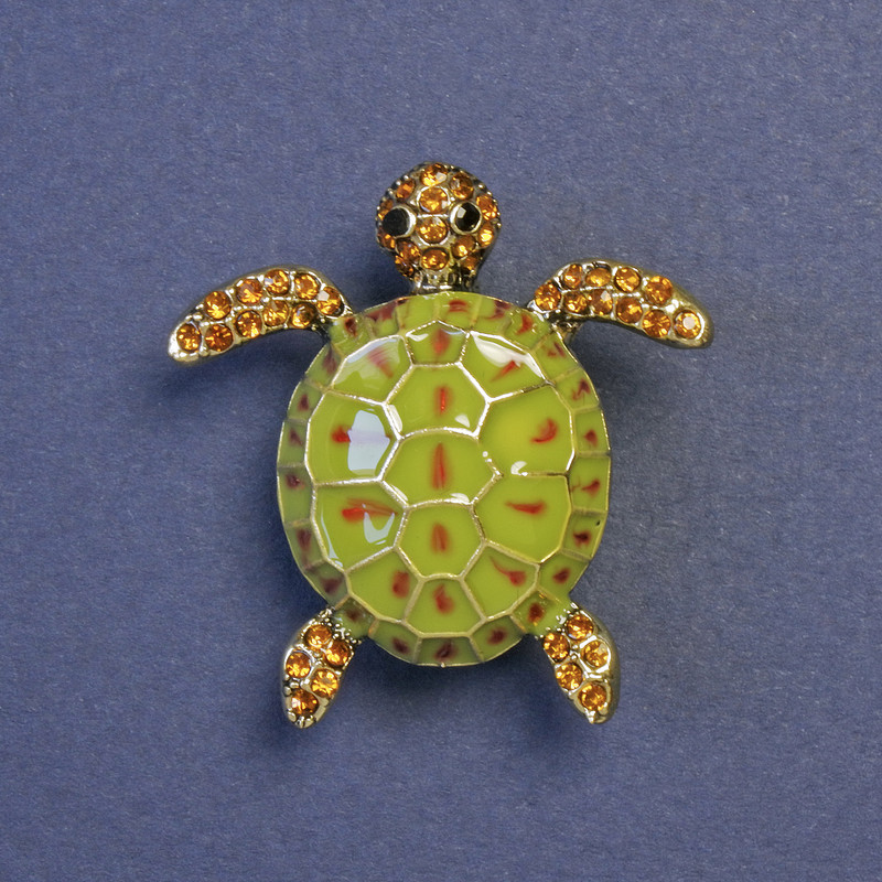 Brooch Turtle green enamel yellow crystals golden metal 33x33mm+