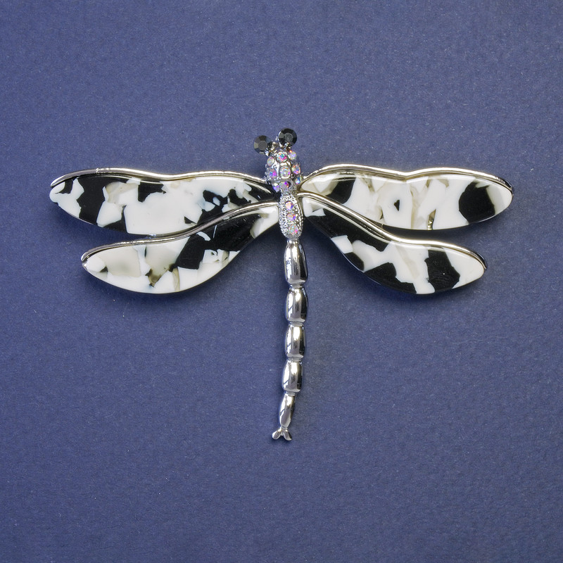 Dragonfly Brooch Black and White Mother-of-Pearl Wings 75x50mm Silver-Tone Metal