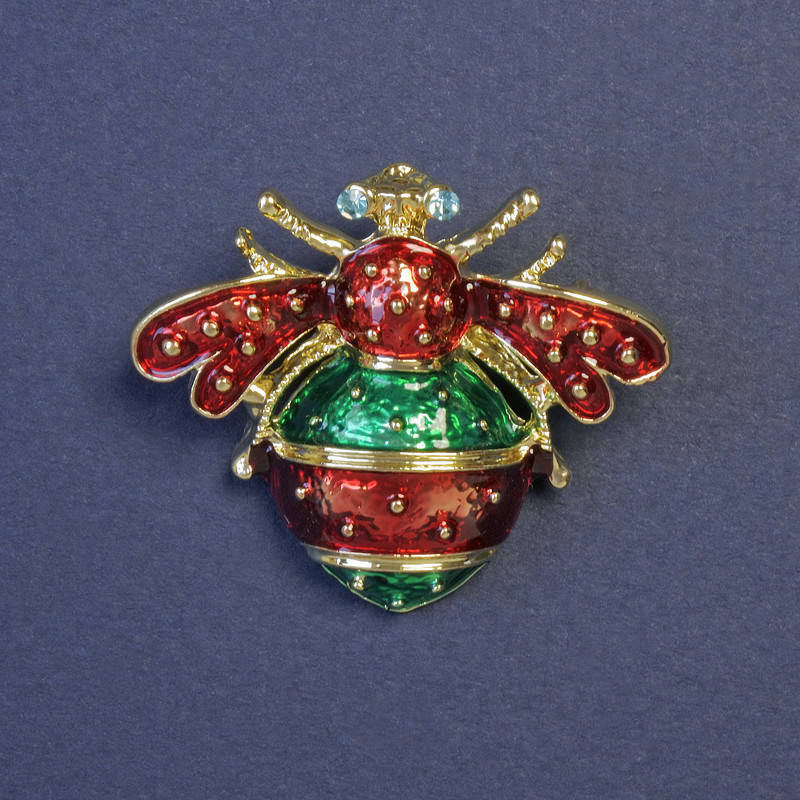 Brooch Insect red and green enamel with golden metal 32x38mm